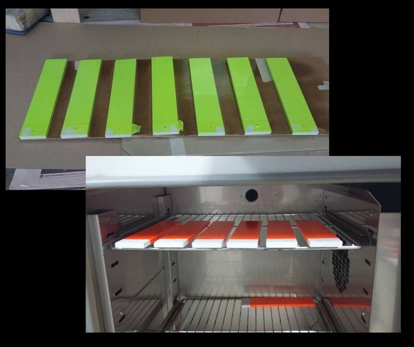 Campionature di tinte di smalti speciali ad effetto FLUORESCENTE applicate