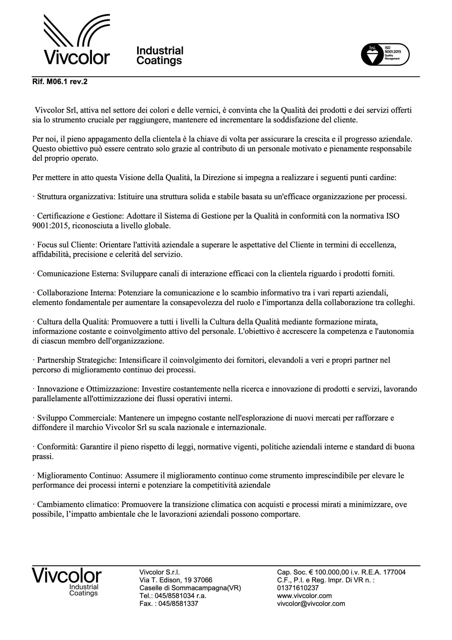 politica della qualità 2025